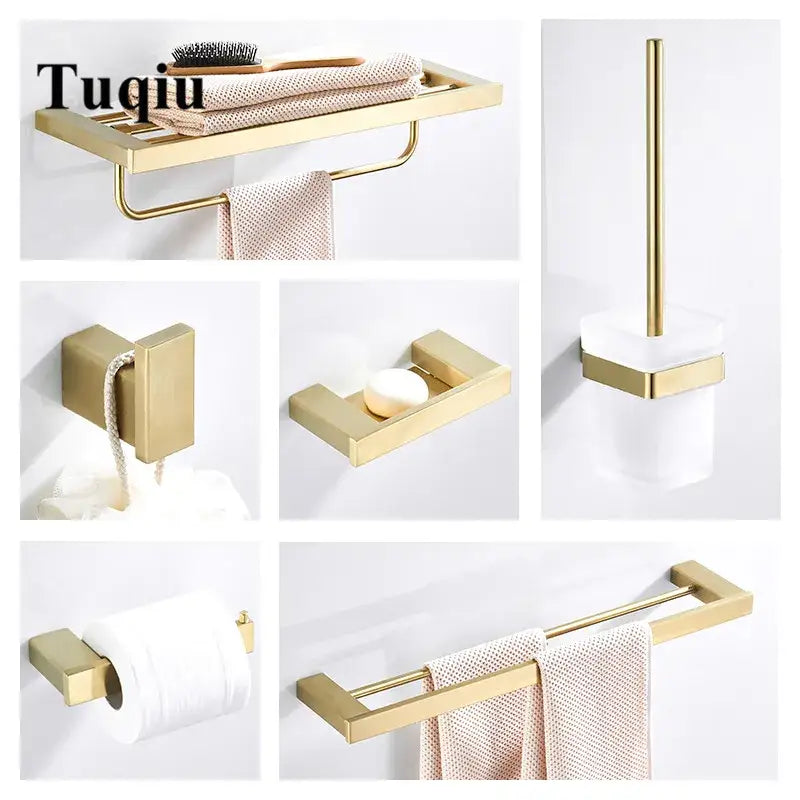 Modern brushed matt gold decorbites bath set featuring sleek rectangular bathroom accessories with a brushed metal finish