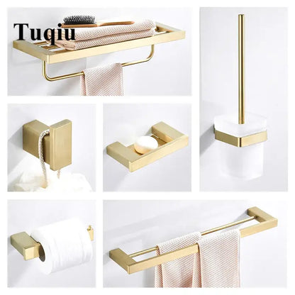 Modern brushed matt gold decorbites bath set featuring sleek rectangular bathroom accessories with a brushed metal finish