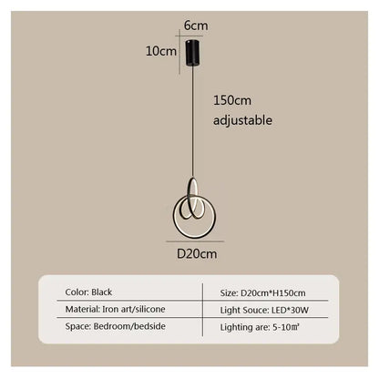 Modern brushed metal and white led bedside pendant light with black iron art and silicone design and adjustable chain