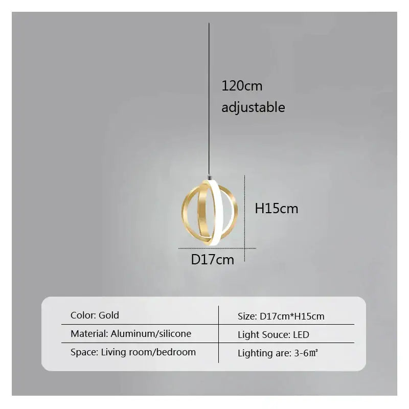 Modern brushed metal gold pendant light with interlocking aluminum and silicone rings for decorbites led bedside use