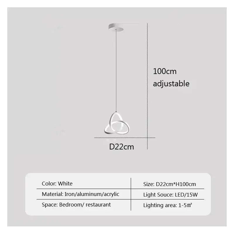 White modern pendant light with interlocking triple-loop design in iron aluminum and acrylic for led bedside use