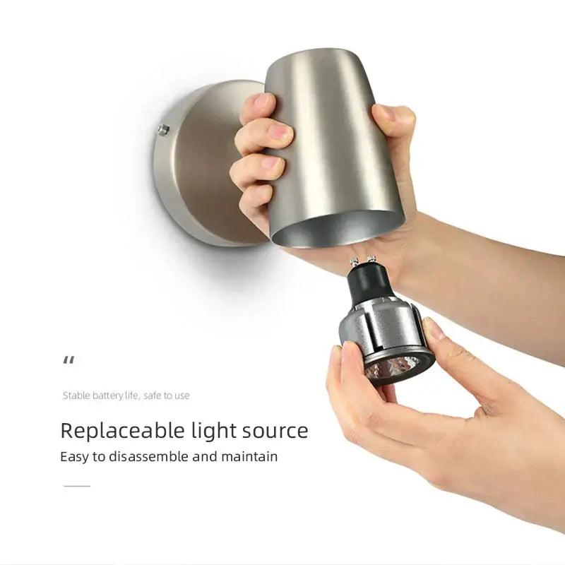 Modern brushed metallic stainless steel cylindrical led wall lamp with replaceable bulb for bedroom lighting