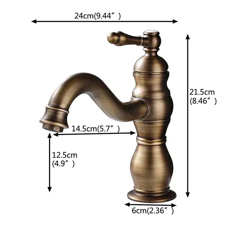 Antique brass basin faucet with single handle and curved spout in vintage design paired with brushed nickel long spout