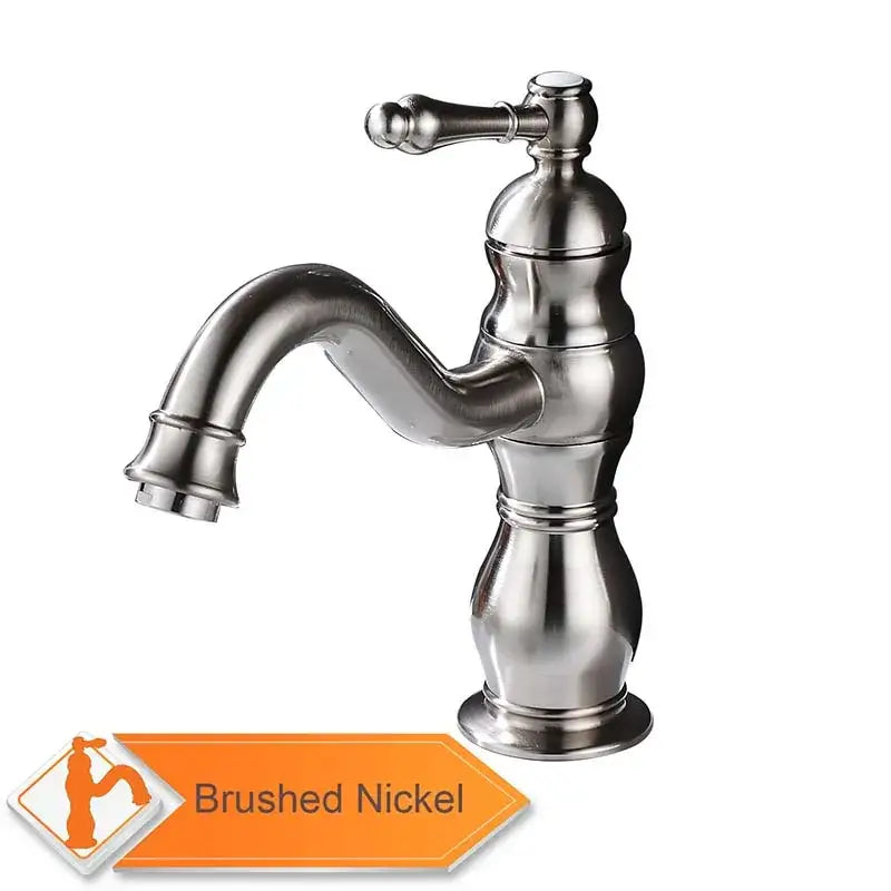 Modern brushed nickel basin faucet with a single-handle, long spout, and ornate segmented body in brushed nickel finish