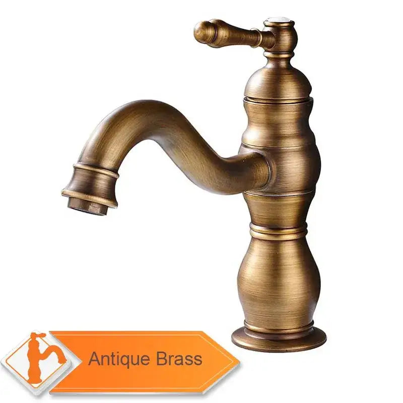 Antique brass basin faucet with classic ornate design and curved spout for bathroom use alongside brushed nickel long spout mixer