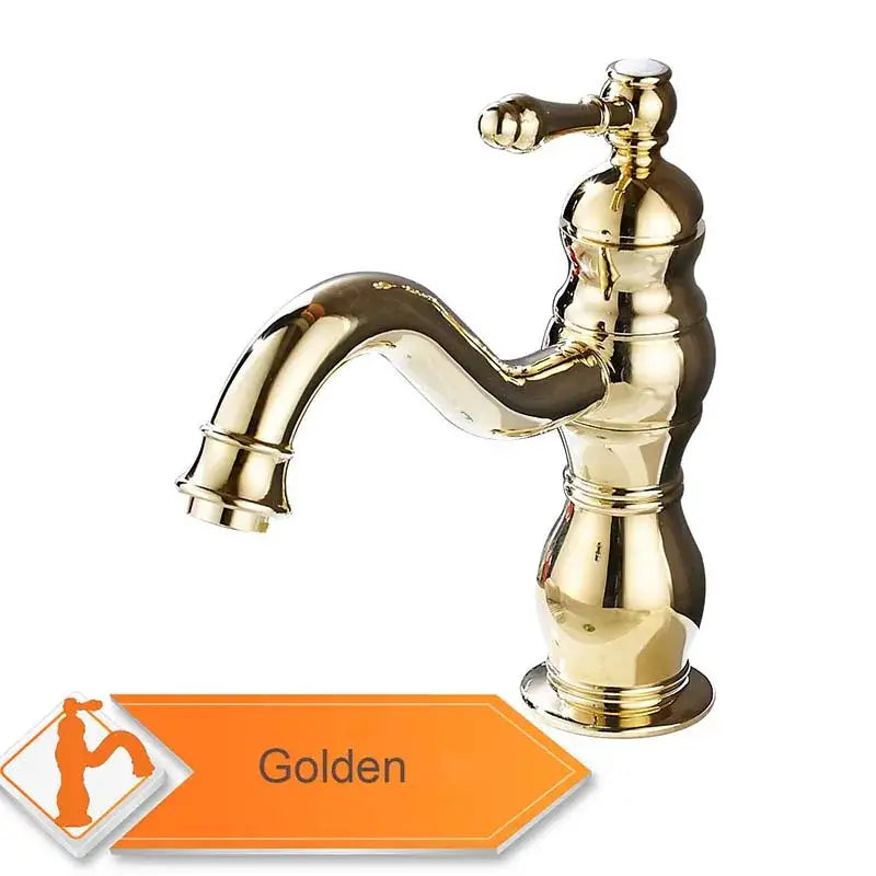 A polished golden brass basin faucet with a classic turned design and an elegant curved long spout