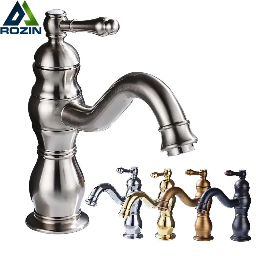 Modern brushed nickel basin faucet with long spout and ridged base shown with matching chrome gold bronze and black models