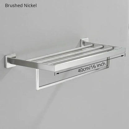Brushed nickel double-tier towel rack with four parallel bars in modern bathroom hardware set for sleek organization