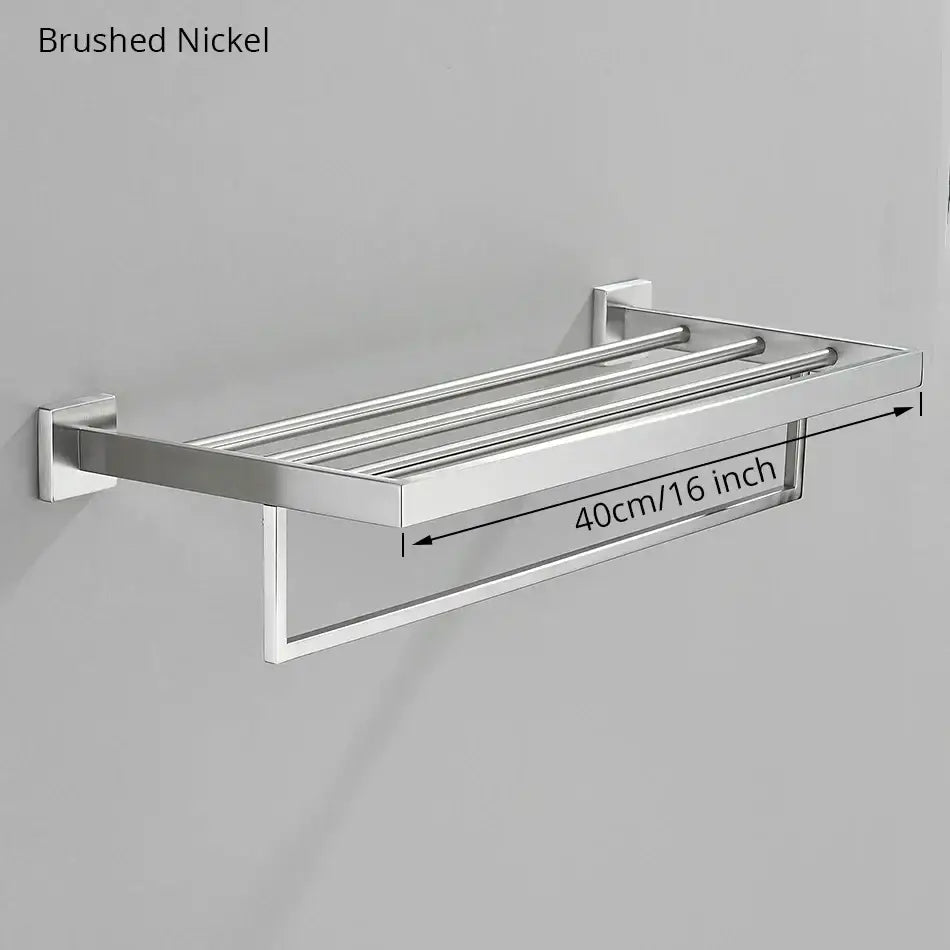 Brushed nickel double-tier towel rack with four parallel bars in modern bathroom hardware set for sleek organization