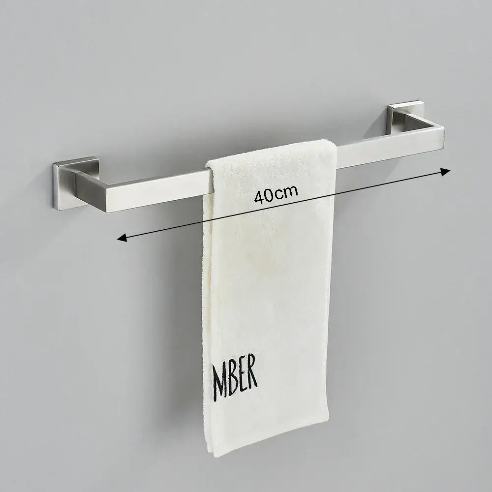 Modern brushed nickel bathroom hardware set featuring a silver stainless steel towel rack with a sleek design