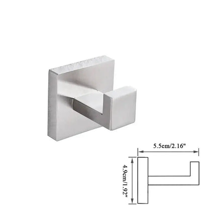 Modern brushed nickel bathroom hardware set featuring a minimalist brushed stainless steel square wall hook
