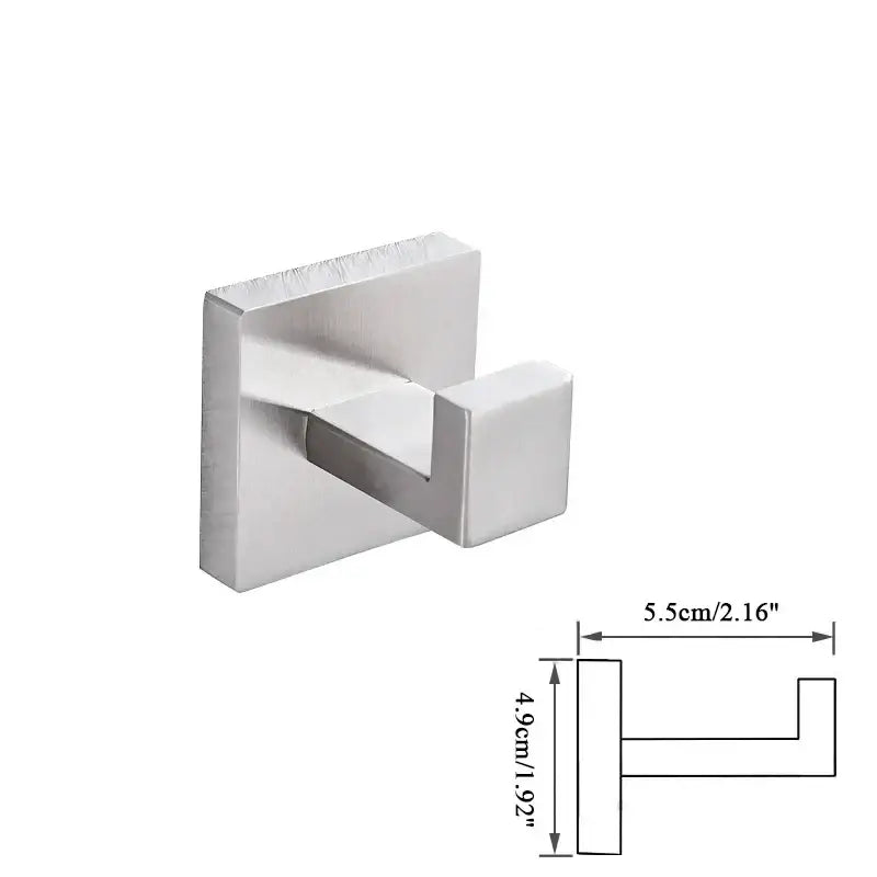 Modern brushed nickel bathroom hardware set featuring a minimalist brushed stainless steel square wall hook