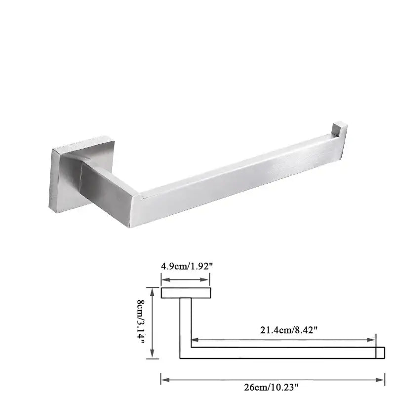 Modern brushed nickel bathroom hardware set featuring a brushed stainless steel toilet paper holder with angular design