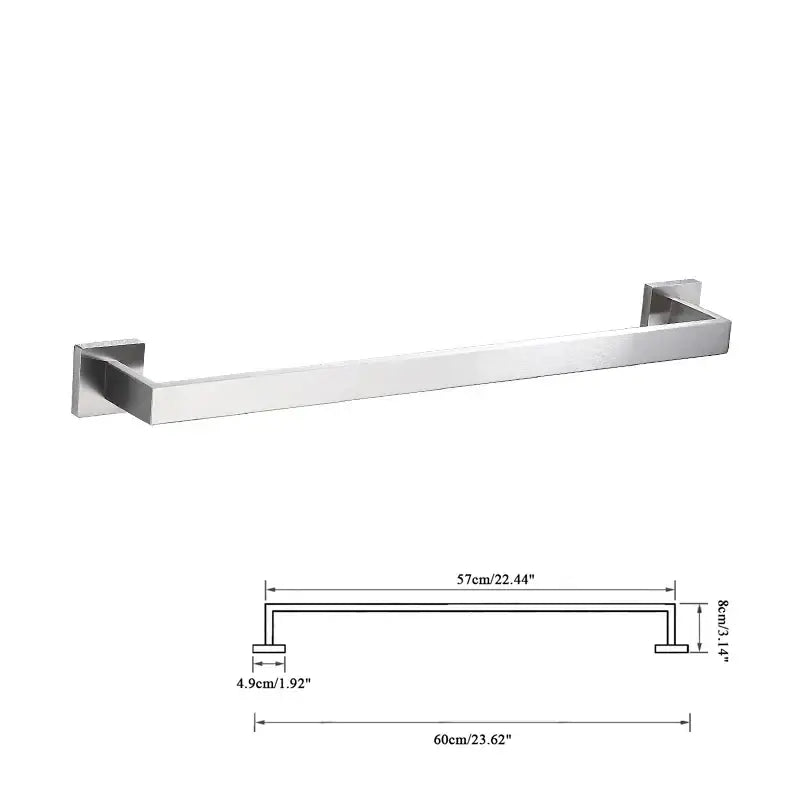 Modern brushed nickel bathroom hardware set with a sleek rectangular towel rack in brushed stainless steel finish