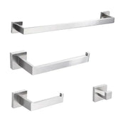 Modern brushed nickel bathroom hardware set featuring a sleek minimalist design with square mounting plates and clean lines