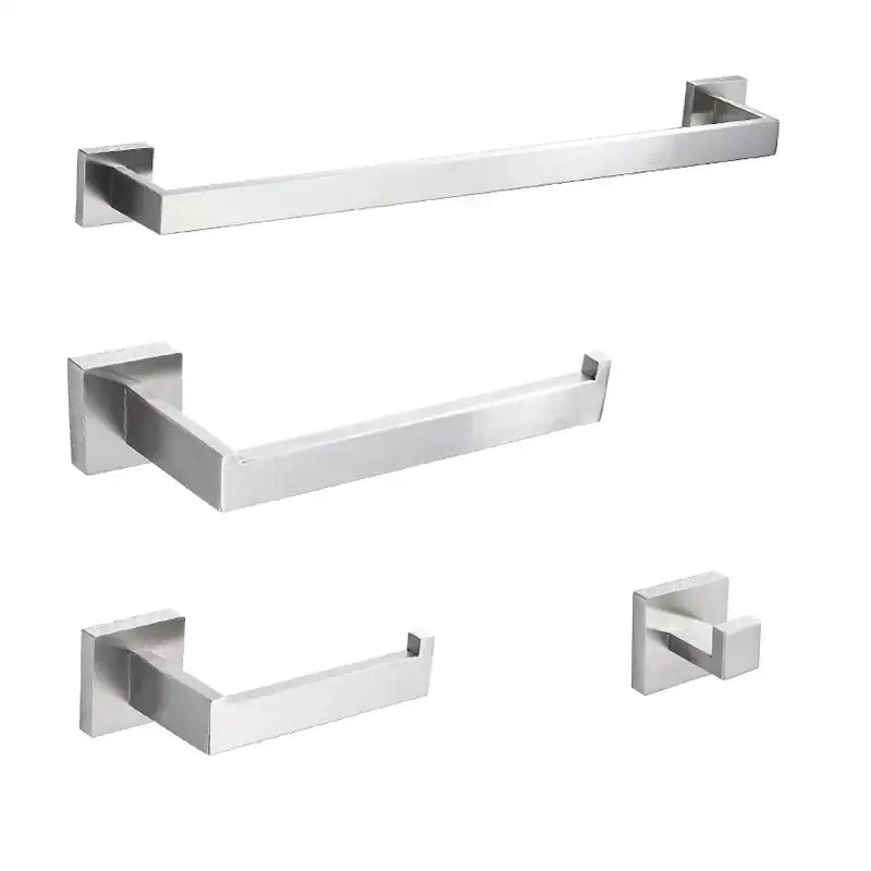 Modern brushed nickel bathroom hardware set featuring a sleek minimalist design with square mounting plates and clean lines