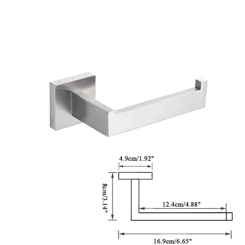 Modern brushed nickel toilet paper holder in bathroom hardware set with clean minimalist design and stainless steel finish