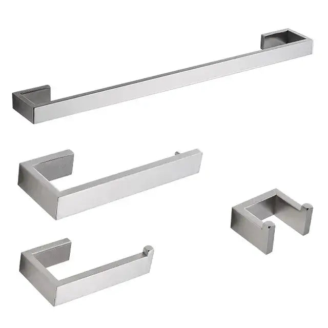 Modern brushed nickel bathroom hardware set with glass accents including towel bar, rack, toilet paper holder, and hook