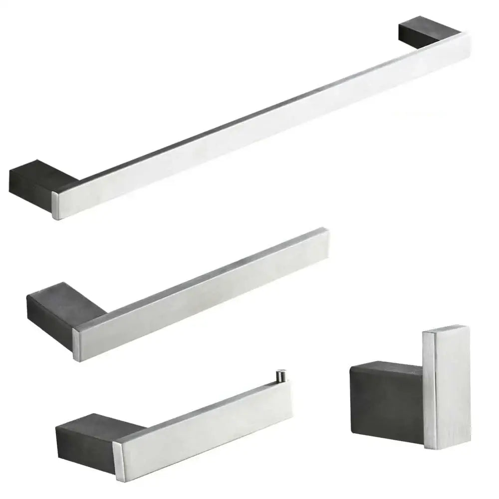 Modern brushed nickel bathroom hardware set with sleek rectangular bars and matte black glass accent ends
