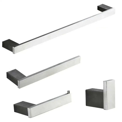 Modern brushed nickel bathroom hardware set with sleek rectangular bars and matte black glass accent ends