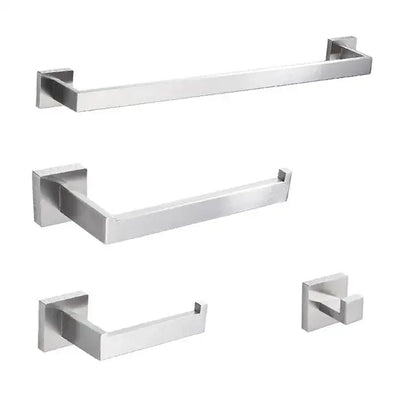 Modern brushed nickel bathroom hardware set with glass accents featuring sleek brushed stainless steel and geometric lines