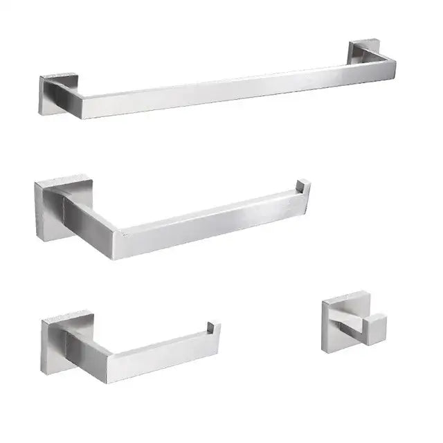 Modern brushed nickel bathroom hardware set with glass accents featuring sleek brushed stainless steel and geometric lines