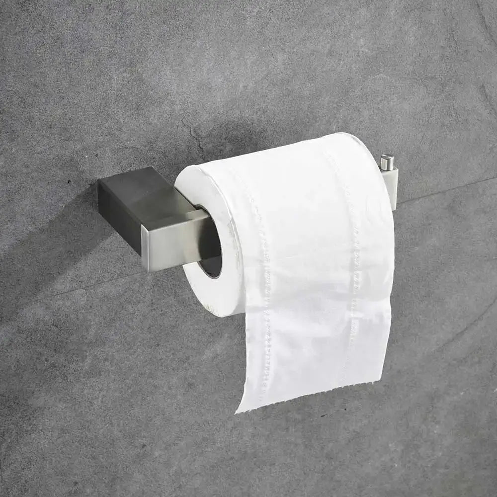 Modern brushed stainless steel toilet paper holder with glass accents in a bathroom hardware set design