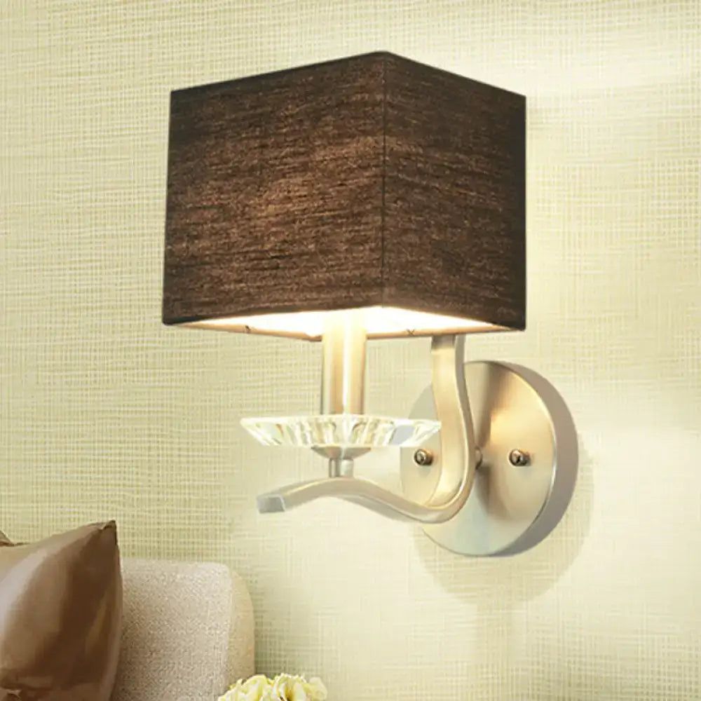 Modern brushed nickel bedside wall lamp with a dark brown fabric shade and crystal accent for cube bedside wall use