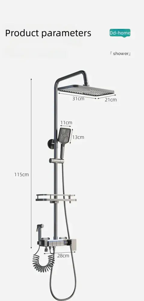 Modern brushed nickel electric sunflower rainfall shower bathroom set with chrome-finished rectangular rainhead and handheld spray nozzle