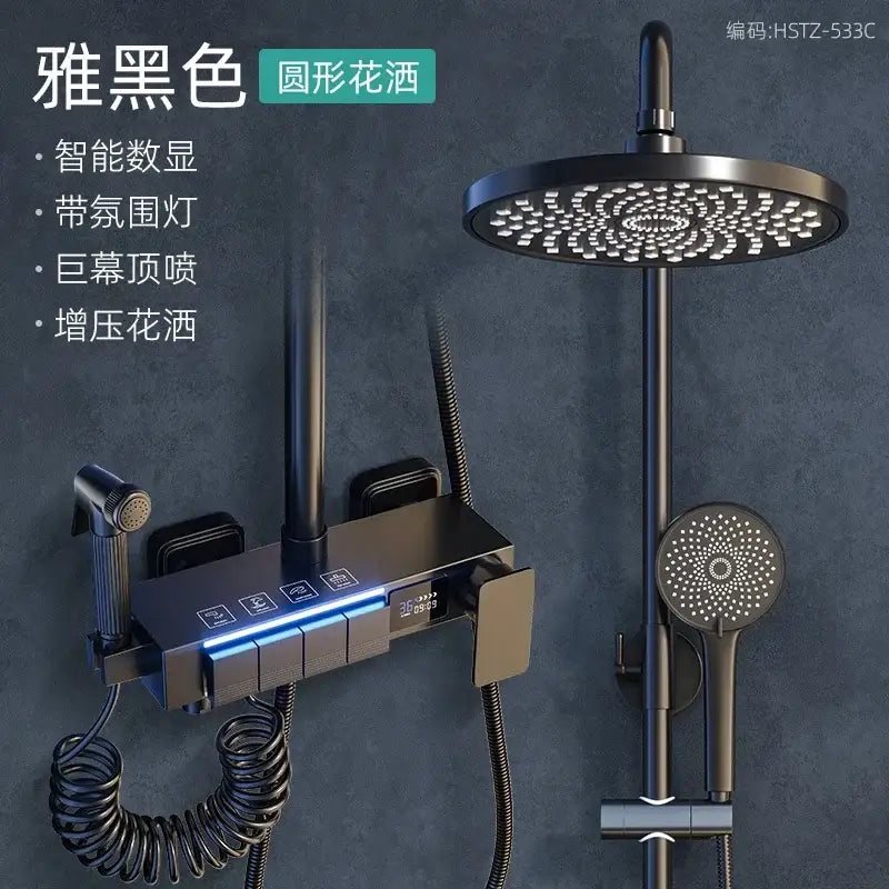 Modern brushed nickel electric sunflower rainfall shower set in black matte finish with circular rainhead and blue control panel