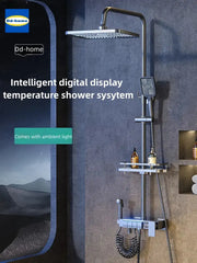 Modern brushed nickel electric sunflower rainfall shower system with square rainhead, handheld spray, and digital display