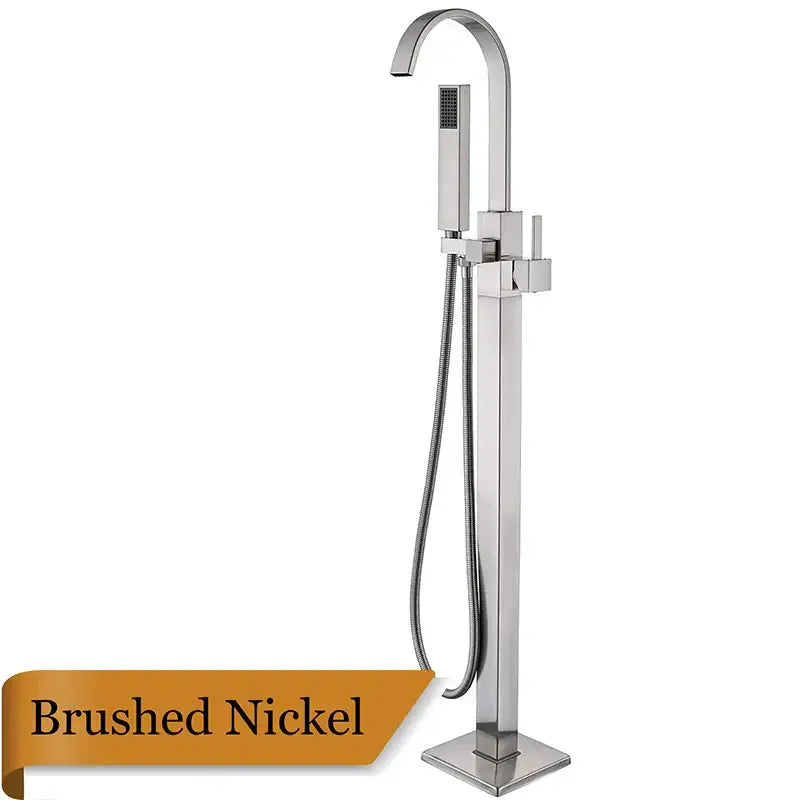 Modern brushed nickel decorbites freestanding tub faucet with sleek curved spout and integrated handheld showerhead