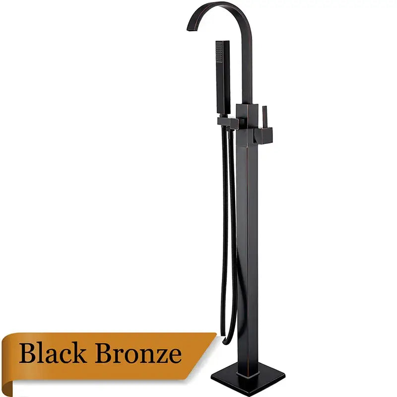Black bronze decorbites freestanding tub faucet with sleek modern design and attached handheld showerhead for bathroom use