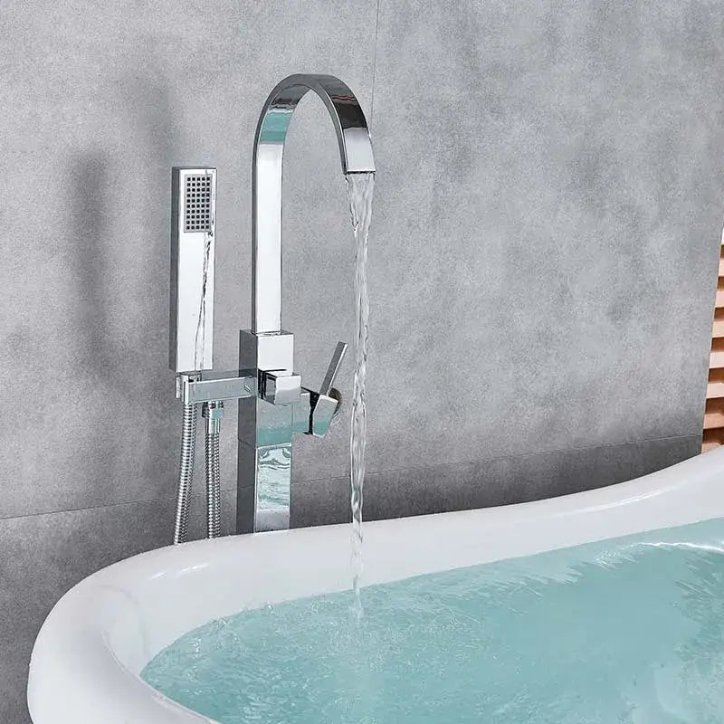 Modern brushed nickel decorbites freestanding tub faucet with chrome arched spout and integrated handheld showerhead