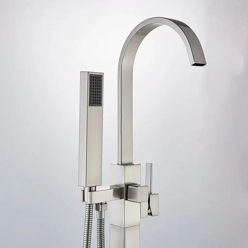 Modern brushed nickel decorbites freestanding tub faucet with curved spout and square handheld showerhead