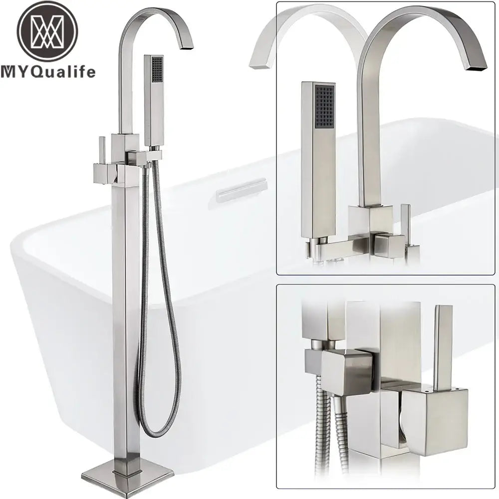 Modern brushed nickel decorbites freestanding tub faucet with sleek arched spout and integrated handheld showerhead