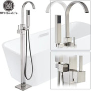 Modern brushed nickel decorbites freestanding tub faucet with sleek arched spout and integrated handheld showerhead
