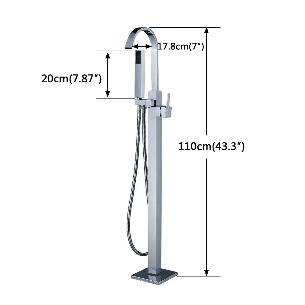 Modern brushed nickel decorbites freestanding tub faucet with chrome finish, curved spout, and integrated handheld showerhead