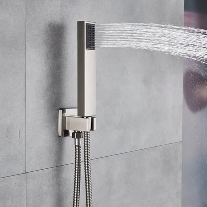 Modern brushed nickel handshower set with rectangular design and flexible braided hose by decorbites brushed nickel