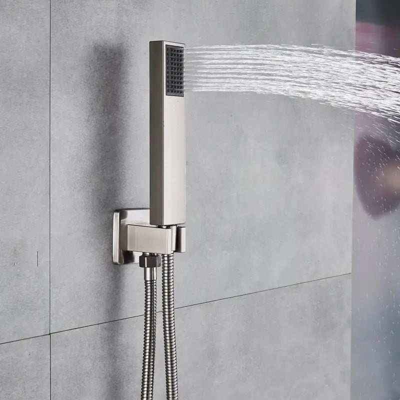 Modern brushed nickel handshower set with rectangular design and flexible braided hose by decorbites brushed nickel