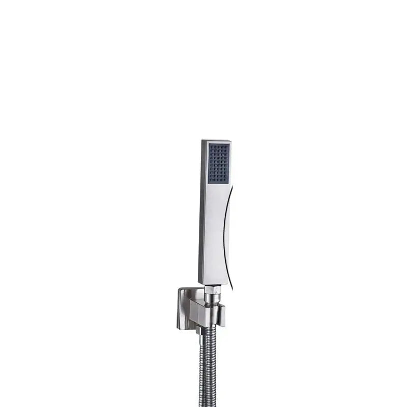 Modern brushed nickel handshower set featuring a chrome finished rectangular design with curved accent line by decorbites