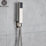 Modern brushed nickel handshower set with stainless steel rectangular showerhead and textured spray face by decorbites brushed nickel