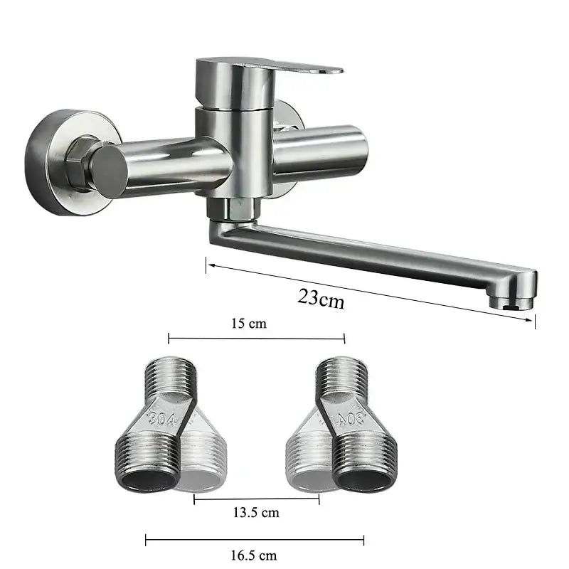 Modern brushed nickel kitchen faucet wall mounted single lever mixer with shiny chrome finish and stainless steel pipe connectors