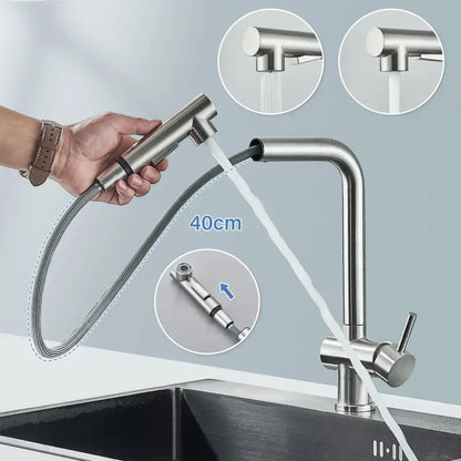Modern brushed nickel kitchen faucet with stainless steel dual spray nozzle and 40cm flexible pull-out hose decorbites brushed nickel