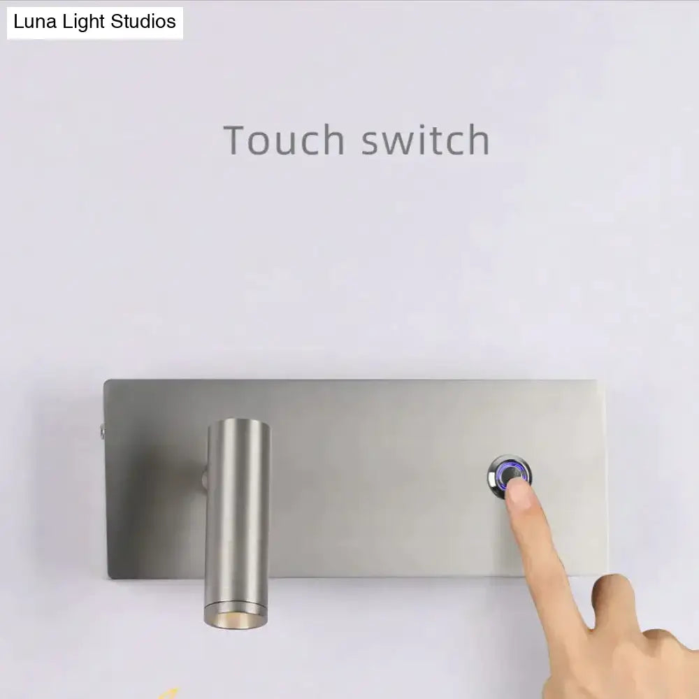 Modern brushed nickel led dimmable reading wall light with stainless steel cylindrical lamp and illuminated touch switch