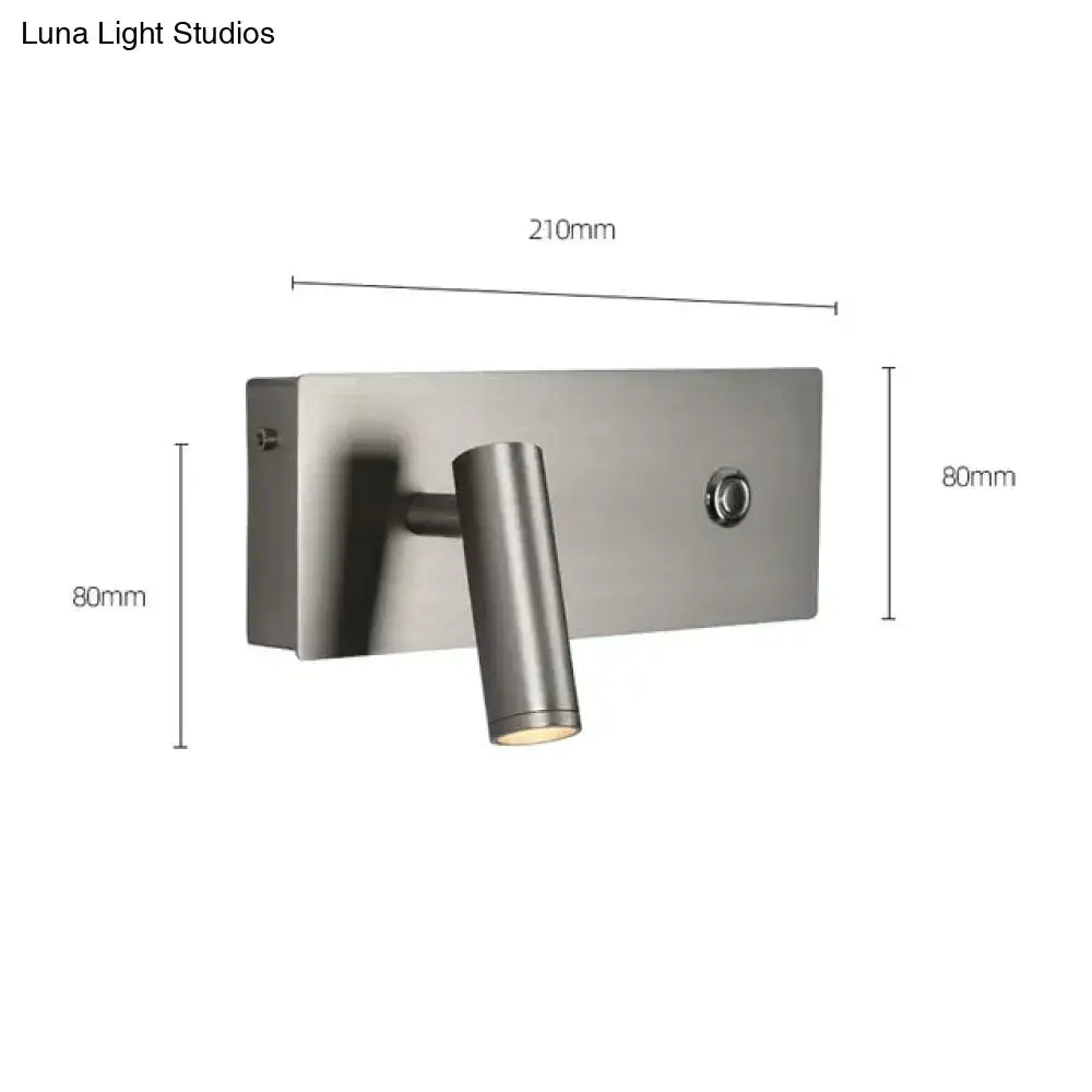 Modern brushed nickel led dimmable reading wall light with cylindrical head and rectangular base for bedroom use