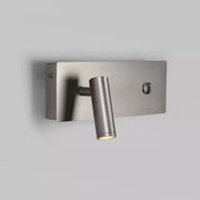 Modern brushed nickel led dimmable reading wall light with cylindrical head and integrated switch for bedroom use