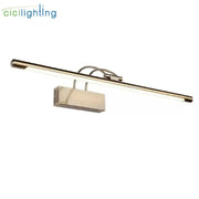 Modern brushed nickel led vanity light with a sleek rectangular fixture and curved mounting arms for bathroom mirrors