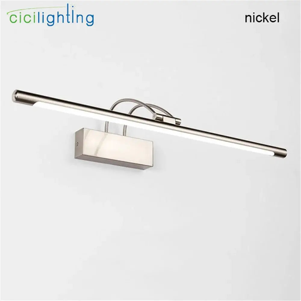 Modern brushed nickel led vanity light with sleek rectangular design and integrated lighting bar for bathroom mirror