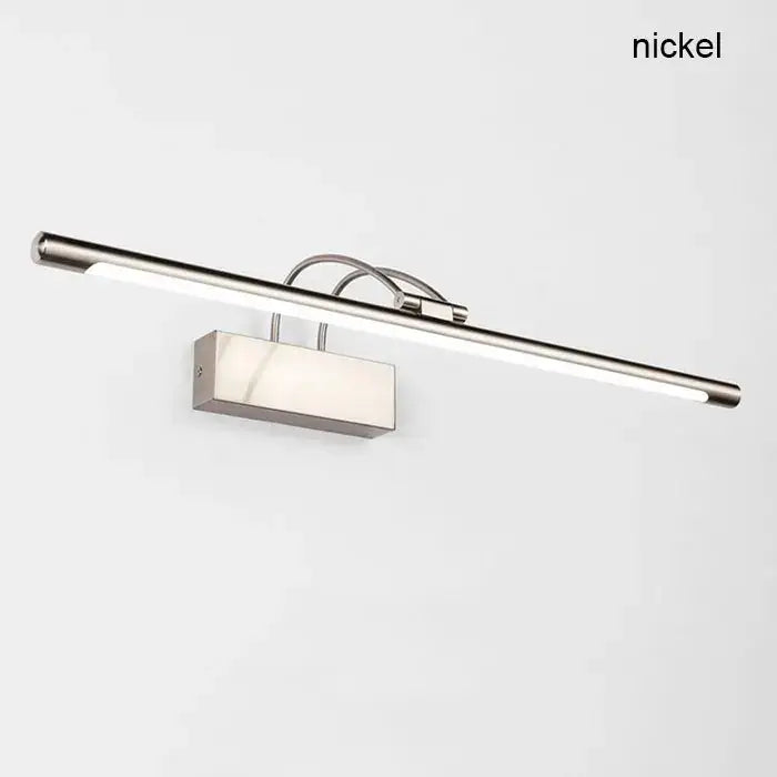 Modern brushed nickel led vanity light with sleek elongated rectangular design and integrated led strip for bathroom mirror
